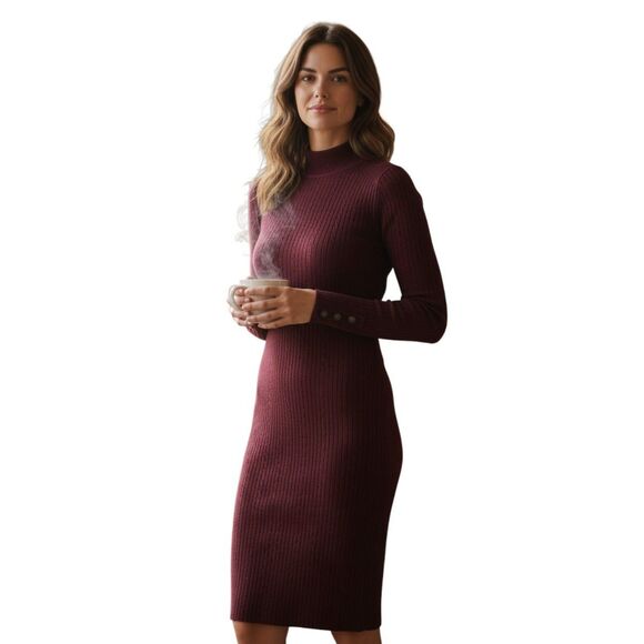 Almost Famous Dresses & Skirts - Almost Famous  Pencil Dress Women's Size S Burgundy Long Sleeve  # 90